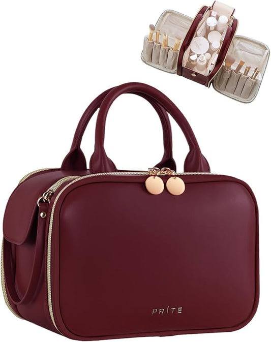Prite Travel Makeup Bag Women’s Large Capacity Waterproof Cosmetic Organizer Portable Open Flat Toiletry Case with Free-standing Brush Holder and Handle(Burgundy Large)