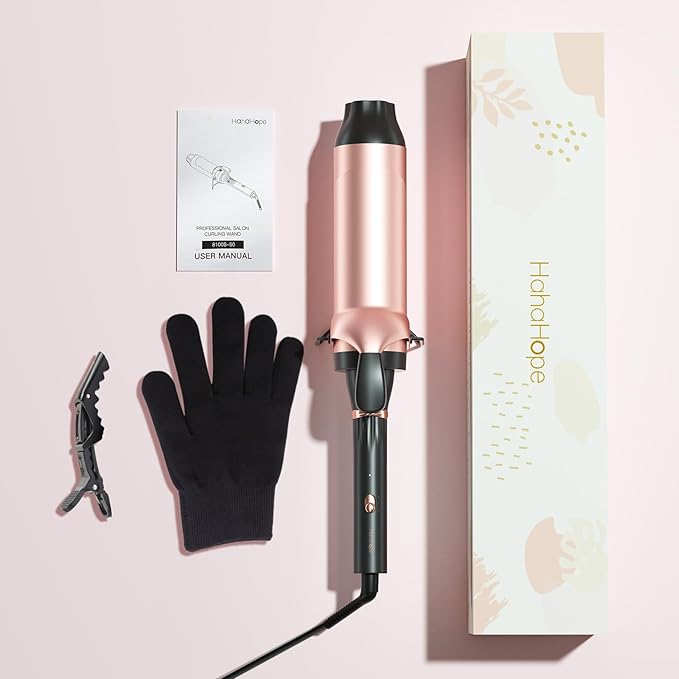 Hahahope Professional 2 Inch Curling Iron with Clamp - Large Barrel Curling Wand for Long Hair, Dual Voltage, Adjustable Heat Settings, Lightweight Design