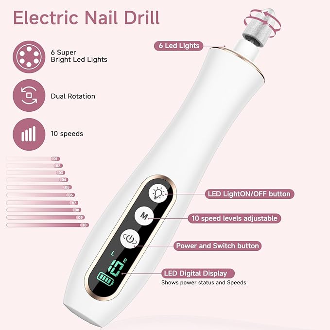 Professional Manicure Pedicure Kit, Cordless Electric Nail File Set, 360° LED Light Nail Drill Machine with LCD Display, 10 Speeds Rechargeable Nail Drill Grinder for Gel Nail Thick Toe Nails