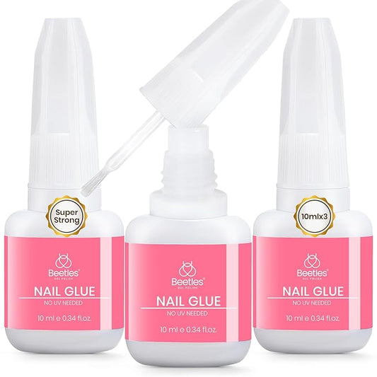 Beetles Super Strong Nail Glue for Press on Nails: 10ML 3Pcs Brush on Glue for Acrylic Nails, Nail Tips Quick Dry No Uv Light Needed