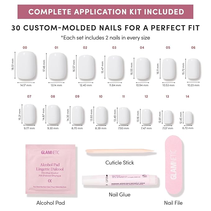Glamnetic Press On Nails - Clean Cut | Short Squoval White Fake Nails, Salon Quality Milky Nails | 15 Sizes - 30 Nail Kit with Glue