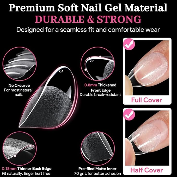 Qiek Short Oval Fake Nail Tips - 15 Sizes 240 PCS Clear Half Matte Press On False Nail Tips Pre-shaped Soft Full Cover Gel Nail Tips Extensions Thick Long Lasting for DIY Beginners & Salon Manicure