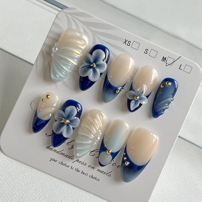 Press On Nails - Medium Almond Handmade Unique Fake Nails, Cute Bow Nails, Thick Acrylic and Muti-Layer Gel False Nails, Reusable Gel Cured Sturdier 3D Fake Nails,DIY Art Decorate (Size S)