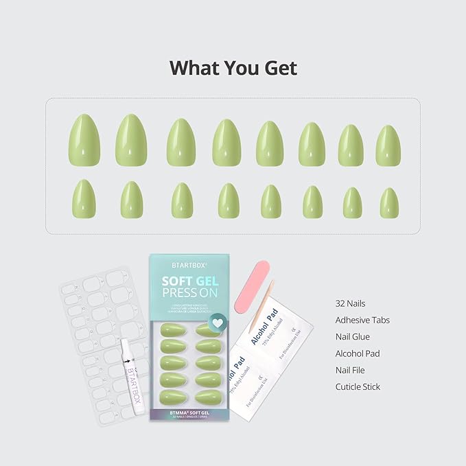 BTArtbox Press On Nails Almond - Pastel Green Short Press On Nails with Glue for Women, Opaque Soft Gel Glue On Nails in 16 Sizes - 32 Stick On Nails Kit, Court Queen