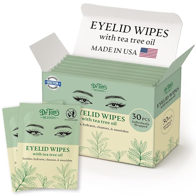 Dr. Tom's Blends 30pc Tea Tree Oil Eyelid & Lash Wipes - For Dry & Itchy Eyes, Individually Wrapped Eyelash Wipes, Makeup Remover & Daily Eye Cleanser