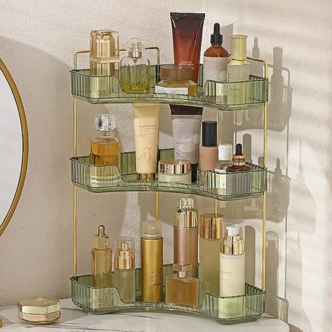 Corner Bathroom Counter Organizer, Vanity Trays, Skincare Makeup Organizer, Bathroom Counter Shelf (3 Tiers, Green)