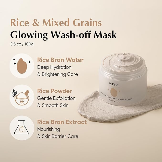 MIDHA RICE & MIXED GRAINS GLOWING WASHOFF MASK, 3.5oz/100g, Gentle Exfoliation, Glow & Smooth Texture, Rough Texture, Pore Clearing, Nourishing, Rice Enzyme, Wash off Pack