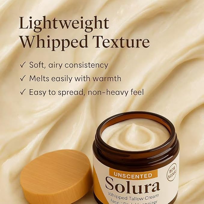 Solura Whipped Tallow Cream, with 100% Grass-Fed Organic Beef Tallow, Jojoba Oil & Vitamin E Oil for Face & Body, Pure Natural Moisturizing Cream, Deeply Moisturizes Dry Skin, Unscented - 30 ml (1)