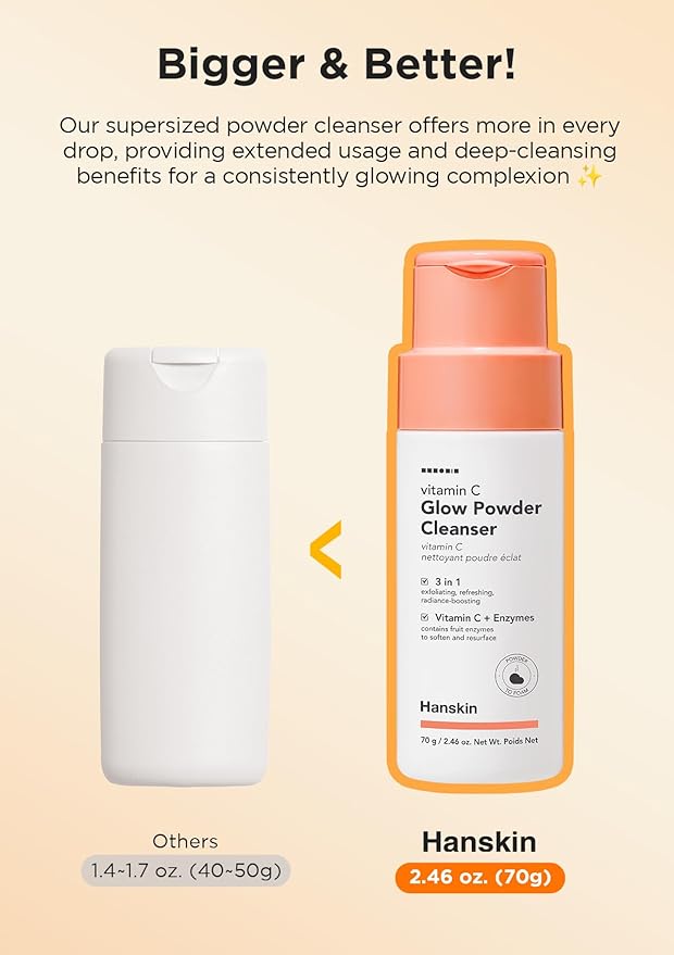 Hanskin Vitamin C Glow Powder Cleanser – Korean Brightening, Exfoliating Face Wash | Papaya Enzyme + Vitamin C for Radiant, Smooth, Even-Toned Skin | Gentle Daily Powder-to-Foam Cleanser | 2.36 fl oz