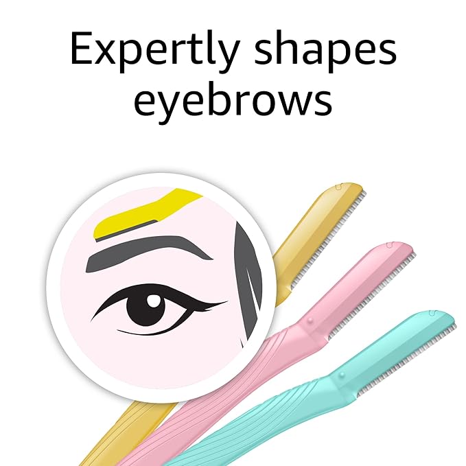 Amazon Basics Women's Multipurpose Exfoliating Dermaplaning Tool, Eyebrow Razor, and Facial Razor, Includes Blade Cover, Multicolor, 3 Count