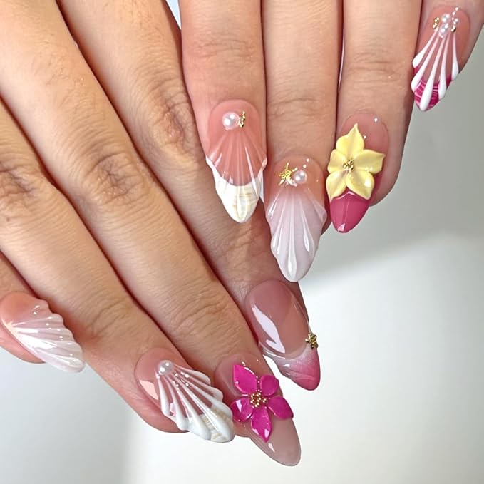 MAGLFELL Press On Nails Medium Almond Nails, Handmade 3D Design Fake Nails with Thick Acrylic Multi-Layer Gel Nails, Reusable Durable DIY Artificial Nails for Women (10 Pieces)