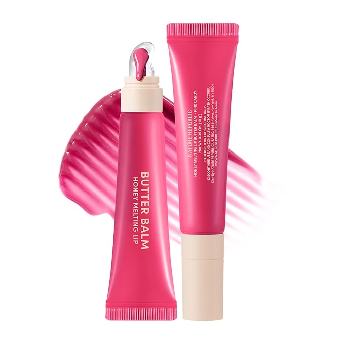 Nature Republic Honey Melting Lip Butter Balm – Moisturizing Tinted Plumping Lip Balm with Peptides, for Sheer & Glossy, Fuller-Looking Lips, Stocking Stuffers (Pink Candy)