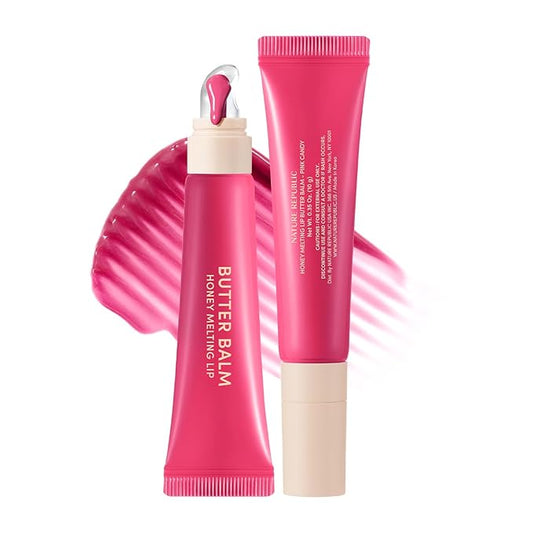 Nature Republic Honey Melting Lip Butter Balm – Moisturizing Tinted Plumping Lip Balm with Peptides, for Sheer & Glossy, Fuller-Looking Lips, Stocking Stuffers (Pink Candy)