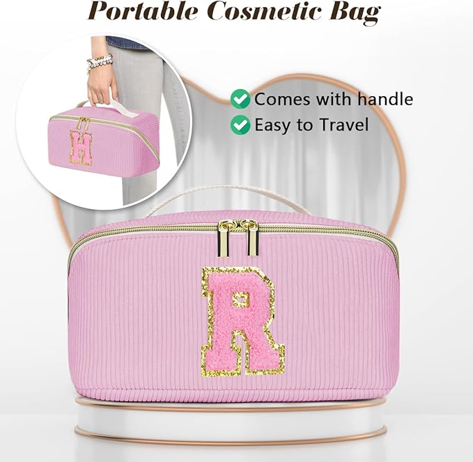 Personalized Initial Makeup Bag, Valentine's Day Gifts for Girls,Preppy Bag Cosmetic Travel Bag Women,Travel Toiletry Organizer,Large Capacity Corduroy Stuff Bag,Cute Cosmetic Pouch Skincare Bag