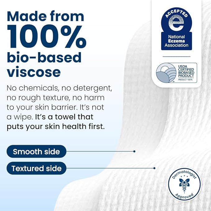 Clean Skin Club Clean Towels XL®, 100% USDA Biobased Face Towel, Disposable Face Towelette, Eczema Association Accepted, Makeup Remover Dry Wipes, Ultra Soft, 50 ct per pack, 2 Packs, 100 Ct Total