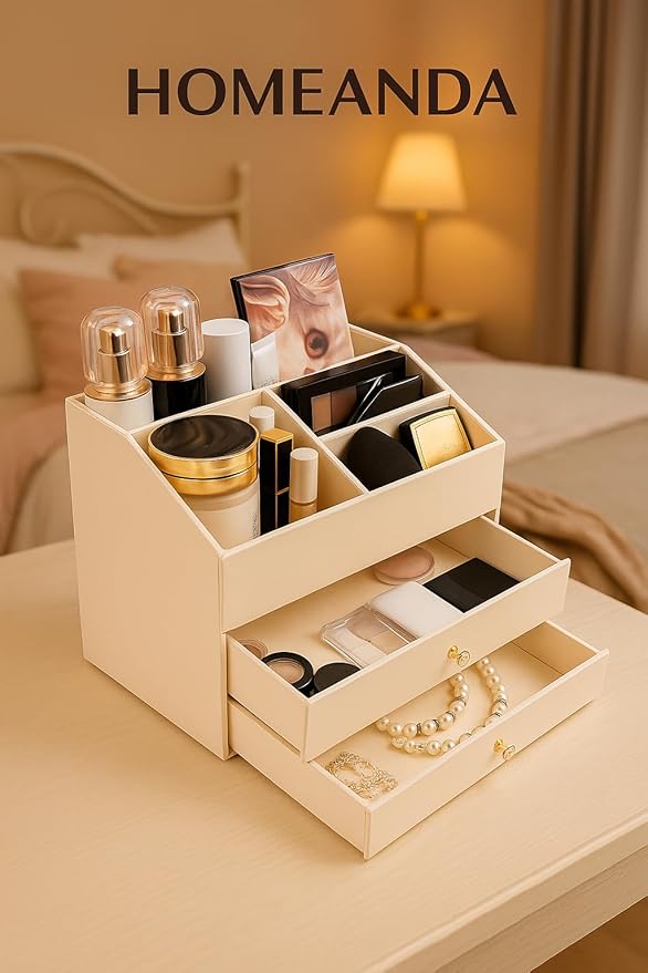 Homeanda Makeup Organizer with Drawers, PU Leather Cosmetic Storage Box Large Cosmetic Display Case for Skincare, Lipstick, Brushes, Bedroom Storage(Beige)