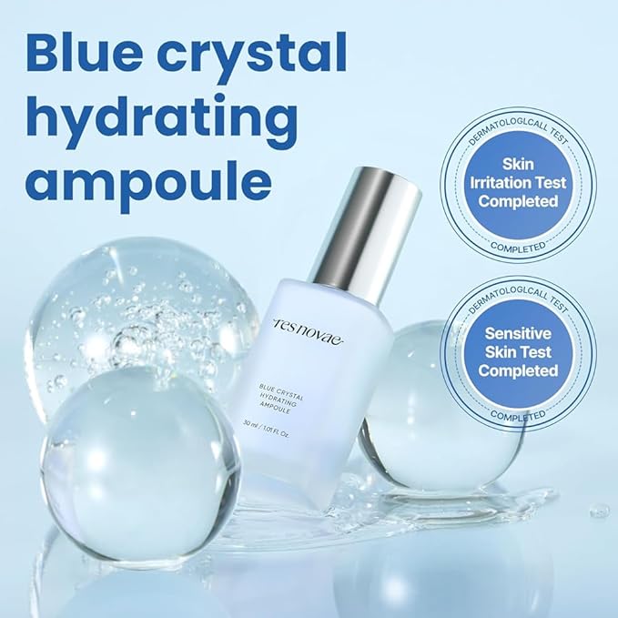 RESNOVAE Blue Crystal Hydrating Ampoule – Deep Moisture Firming Serum with Peptide Complex & Natural Crystal Minerals (30ml)