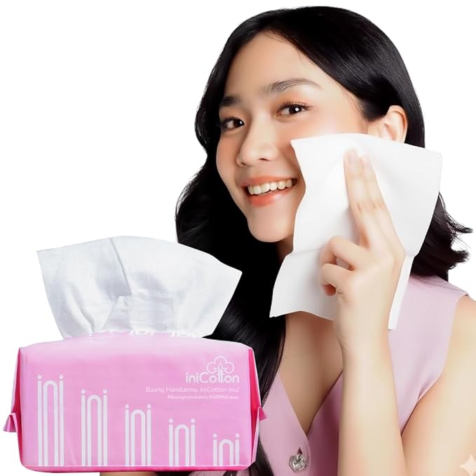 iniCotton Face Towels, Indonesian Unscented Cotton Tissues for Sensitive Skin, Ultra Soft, Clean Towels, Makeup Remover Dry Wipes, Disposable Face Towelette, 1 Pack, 90 Count