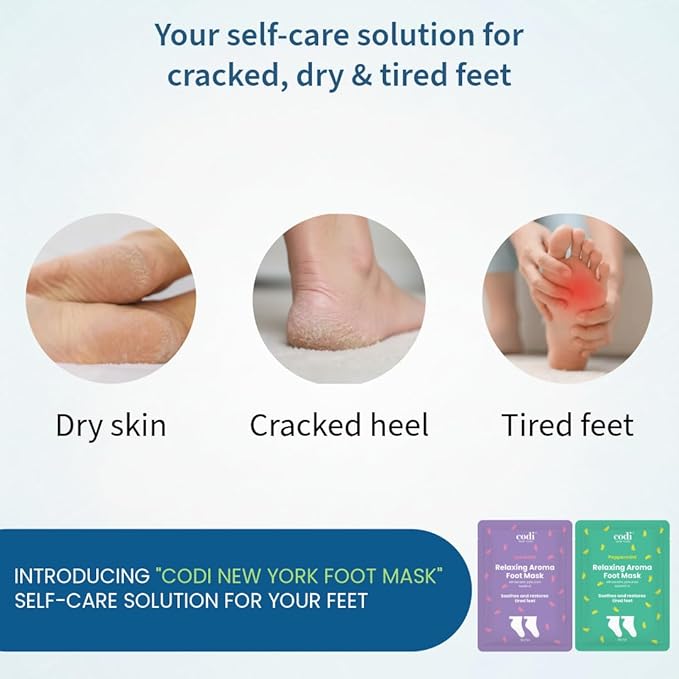 Codi New York Relaxing Aroma Foot Mask, Home Spa Pedicure Socks, 6 Pairs, For Dry Cracked Feet, Hydrating Foot Treatment, Made in Korea, Peppermint