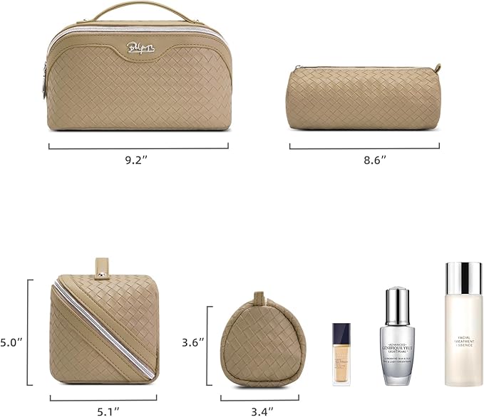 BOYATU Travel Makeup Bag Cosmetic Bags for Women: Large Capacity 3 Pcs Set Make up Bag with Compartments - Waterproof Vegan Leather Toiletry Organizer Bags with Handle (L37 Apricot)