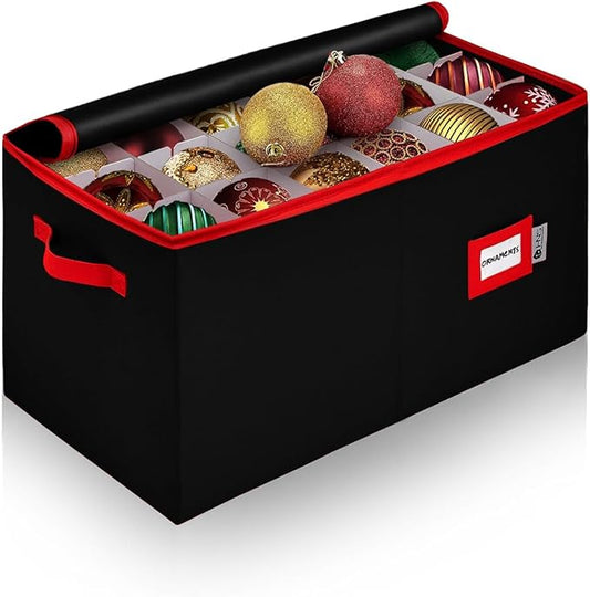 Christmas Ornament Storage Container with Dividers - Box Stores Up to 54 Ornaments, Zippered, Convenient, Adjustable, Large Organizer Bin to Protect Holiday Décor, Fits Most Standard Size, Black