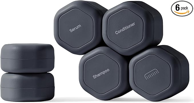 Cadence Travel Containers - 6 Piece Haircare Set - Magnetic Travel Capsules - 2 Small & 4 Medium Capsules - Shampoo, Conditioner, Leave-In Conditioner, Comb, Hair Serum, Hair Gel Labels - Charcoal