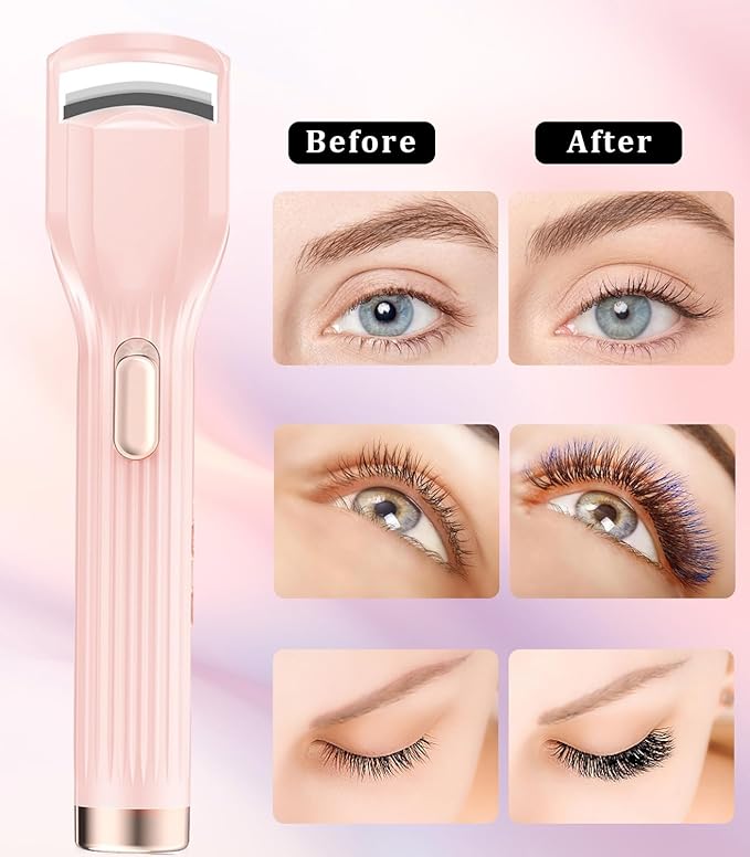Heated Eyelash Curler Premium PRO - Fast Heat up in 8s - 24 Hours Long Lasting - Rechargeable Electric Eyelash Curler with Type-C, Innovative L Silicone, 2 Heat Modes, Anti-Burn Eyelid, Pink-FA