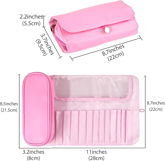 LUEXBOX Portable Folding Makeup Brush Bag, Multifunctional Cosmetics Rolling Storage Case Makeup Brush Holder for Travel, Makeup Brush Organizer Bag (Pink)