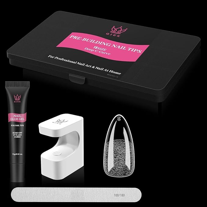 Qiek Medium Almond Pre-Building Nail Tips Kit, 15 Sizes 240 PCS Pre-shaped Apex Pink Thick Extensions Tip Soft Half Matte Press On Fake Nails Glue Gel Nail Lamp for DIY Beginners & Salon Manicure
