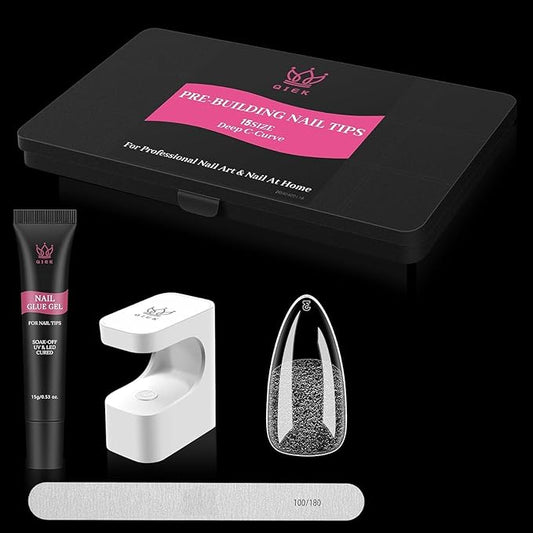 Qiek Medium Almond Pre-Building Nail Tips Kit, 15 Sizes 240 PCS Pre-shaped Apex Pink Thick Extensions Tip Soft Half Matte Press On Fake Nails Glue Gel Nail Lamp for DIY Beginners & Salon Manicure