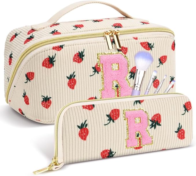 Personalized Travel Makeup Bag Set,Initial Travel Strawberry Makeup Organizer Bag,Toiletry Skincare Cosmetic Bag, Valentine's Day Gifts for Women/Girls/Teen,Open Flat Toiletry Pouch with Brush Bag