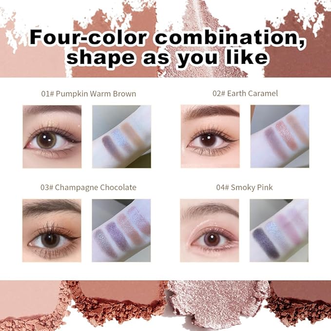 Nude Eyeshadow Palette 4 Colors, earth caramel Matte & Shimmer Neutral Shades, Highly Pigmented Blendable Long-Lasting Powder, Smooth No-Fallout Daily Eye Makeup Palette and Natural Look-B02#