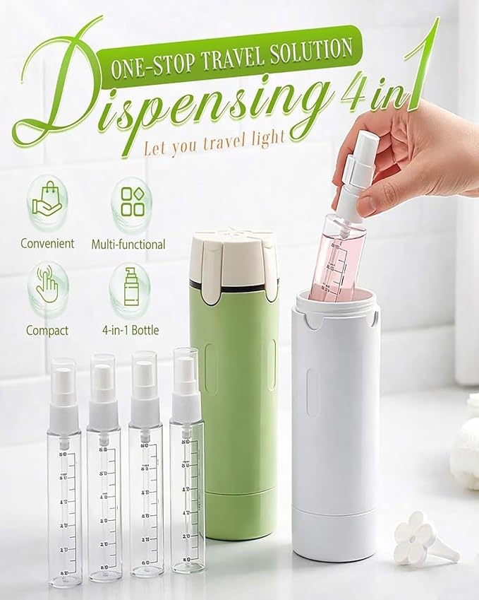 4 in 1 Travel Dispenser, Portable Leak Proof Refillable Squeeze Bottles with Label, 4 Pack 30ml Travel Size Bottle Set for Shampoo Lotion Conditioner Cream, Toiletry Storage Containers Gift (2White)
