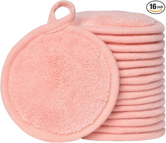 Reusable Makeup Remover Pads 16 Pack Microfiber Cleansing Facial Rounds Wipes Face, Eyes, Lips（3.5inch, Coral）