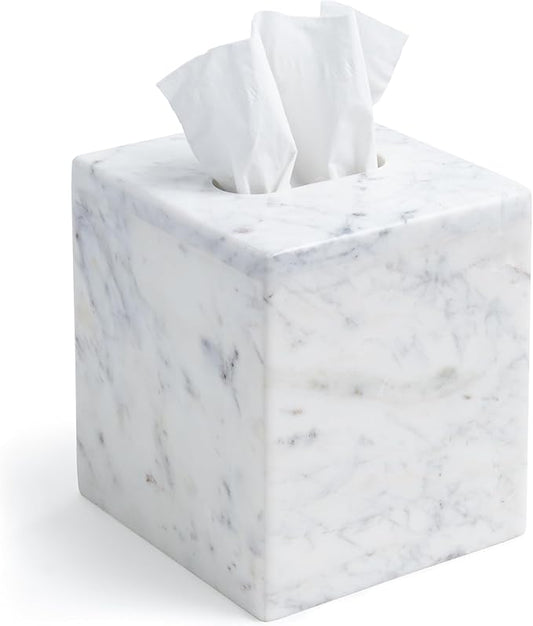 Cork & Mill Marble Tissue Box Cover for Kleenex and More, Decorative Cube Style Holder, Large Square Facial Tissue Dispenser Container for Home, Real Solid White Marble Bathroom Accessory