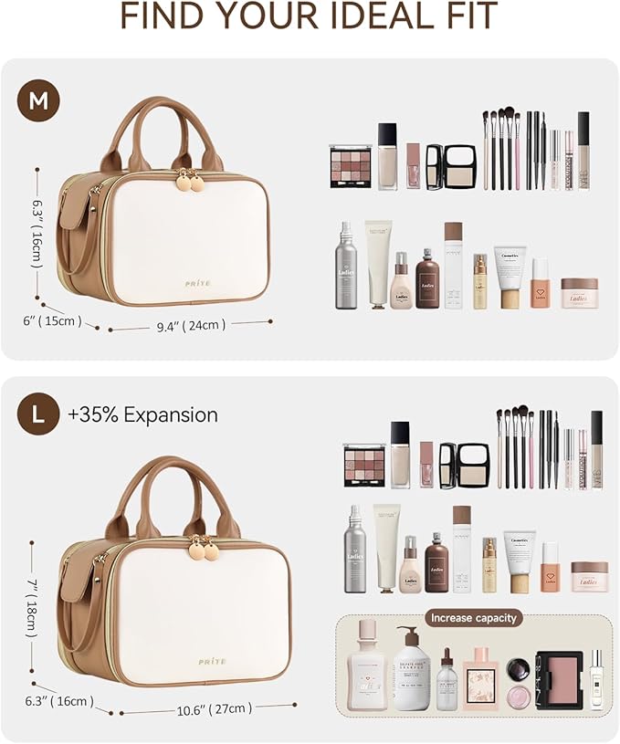 Prite Travel Makeup Bag Women’s Large Capacity Waterproof Cosmetic Organizer Portable Open Flat Toiletry Case with Free-standing Brush Holder and Handle(Beige Brown Medium)