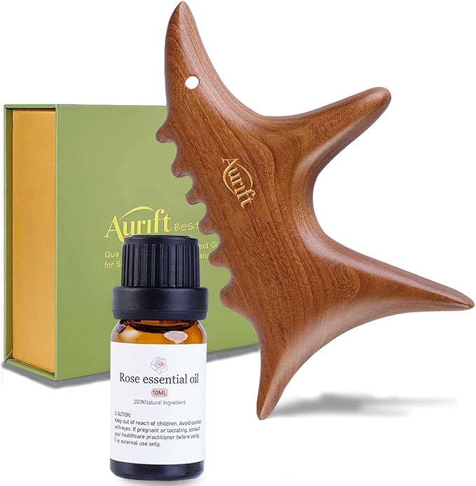 Wooden Gua Sha Tool with Rose Essential Oil, Trigger Point & Acupressure Massage Tool for Deep Tissue Muscle Relaxation, Compact Muscle Scraper Tool, Wellness Self-Care Gift Set