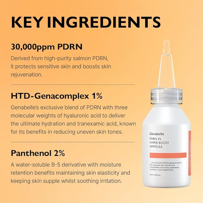 Genabelle PDRN 3% Hyper Boost Ampoule – Advanced Skin Support Serum with PDRN, Niacinamide, Hyaluronic Acid, Peptides, and Centella for Skin Barrier Support, Dryness, and Uneven Texture