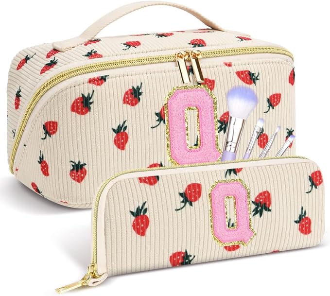 Personalized Travel Makeup Bag Set,Initial Travel Strawberry Makeup Organizer Bag,Toiletry Skincare Cosmetic Bag, Valentine's Day Gifts for Women/Girls/Teen,Open Flat Toiletry Pouch with Brush Bag
