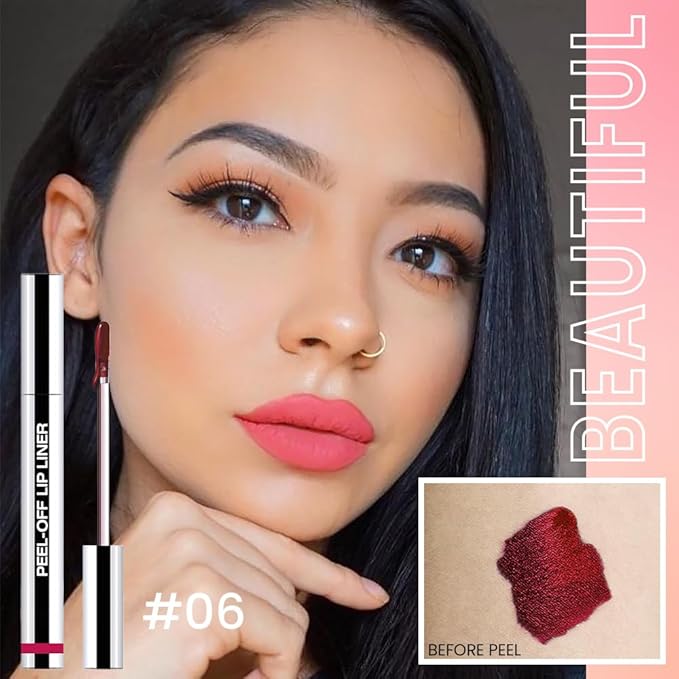 JUAAZIN Matte Liquid Lip Gloss Stain - Peel Off Lip Liner Tattoo, Pinkish Red Peel Off Lip Stain, Long Lasting & Waterproof, Transfer-Proof Lip Gloss for All Skin Types, 0.12 fl oz 06#