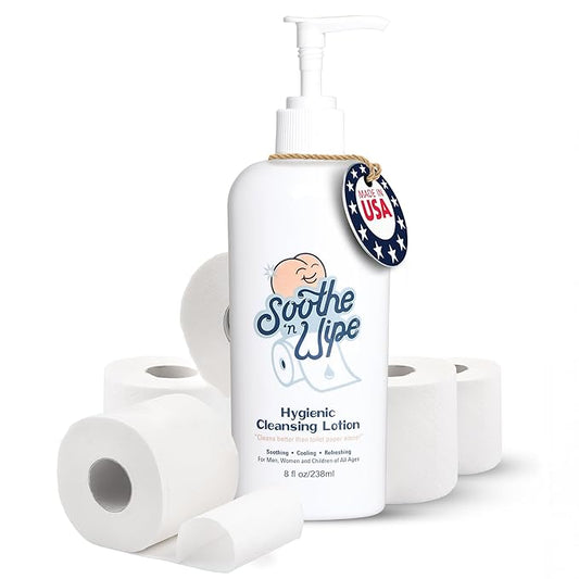 SOOTHE 'N WIPE Hygienic Cleansing Lotion, Flushable Wipe Alternative with Aloe & Moisturizers, Toilet Paper Moistener for Clean, Soft & Smooth Bum, Butt Cleaner, Sanitizing Lotion 8 Oz