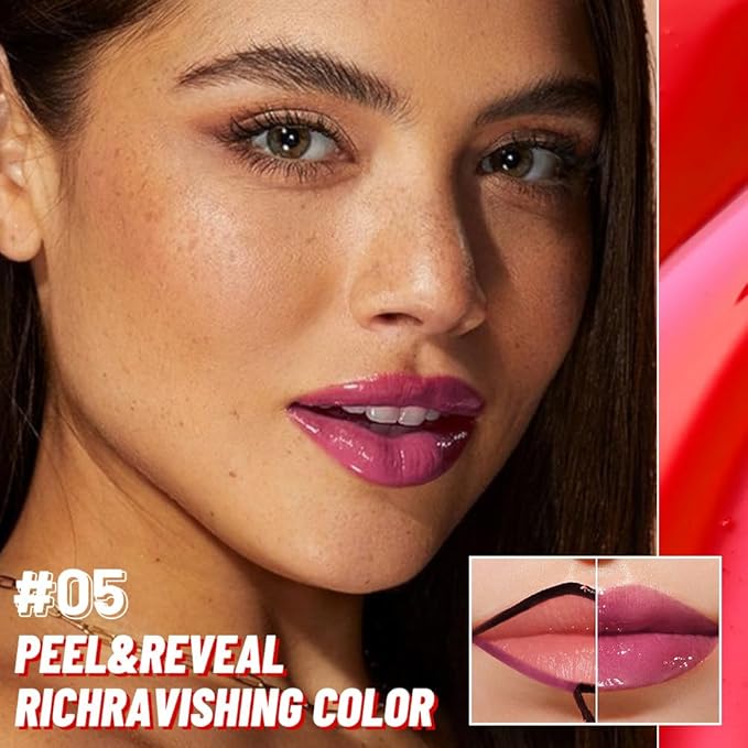 JUAAZIN Dark Raspberry Lip Stain Peel Off Lip Gloss oil Dual-Ended Combo, Lips Liner Stain Peel Off Tattoo, Long Lasting & Waterproof, Transfer-Proof Lip Tint Stain with Lip oil for All Skin Type 05#