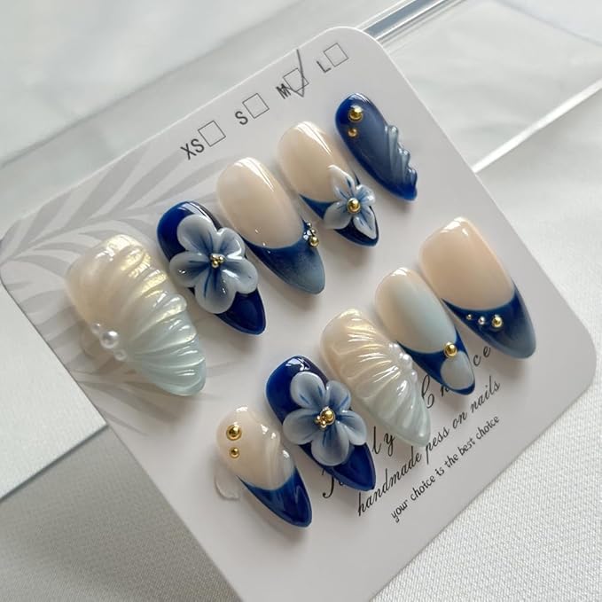 Press On Nails - Medium Almond Handmade Unique Fake Nails, Cute Bow Nails, Thick Acrylic and Muti-Layer Gel False Nails, Reusable Gel Cured Sturdier 3D Fake Nails,DIY Art Decorate (Size S)