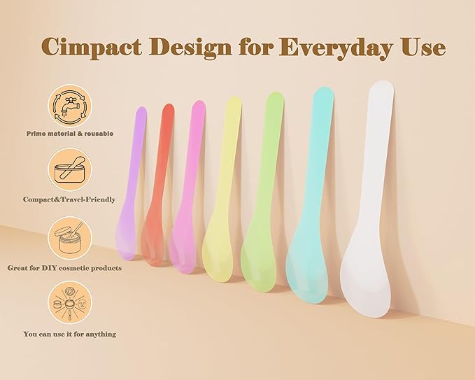 QsQueen 100 PCS Cosmetic Spatulas, 7 Colors – Reusable Hygienic Makeup Scoop for Face Masks, Creams & Skincare, Flexible PP Tool for Mixing, Sampling, DIY, Salon & Travel 4.88'' x 1.06"