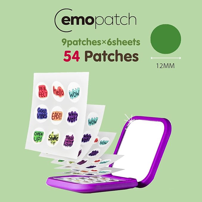 Acne Pimple Patches for Face 54 Count with Mirror Case for Day & Night Use - Hydrocolloid Pimple Pads, Emoji-Themed Blemish Dots, Clear Skin Treatment (Feel Text)