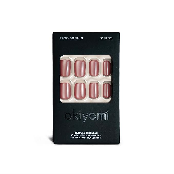 Okiyomi Pink Press on Nails - Dusky Rose Pink Cat Eye Press on Nails | Magnetic Sunset Rose Shimmer - Short Ballerina Squoval Shape - 15 Sizes - 30 Soft Gel Fake Nails with Glue and Stick On Tabs