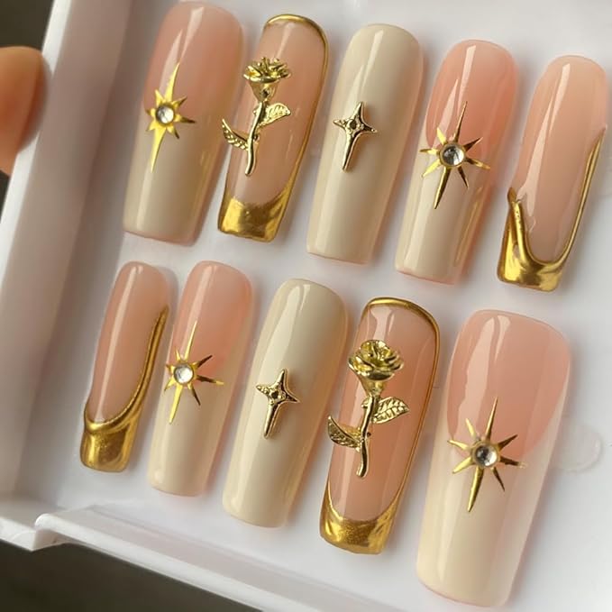 MAGLFELL Women Press On Nails - Long Length Coffin False Nails 10Pcs Luxury Handmade 3D Painting Art ABS Acrylic Artificial Fingernails (Size S)