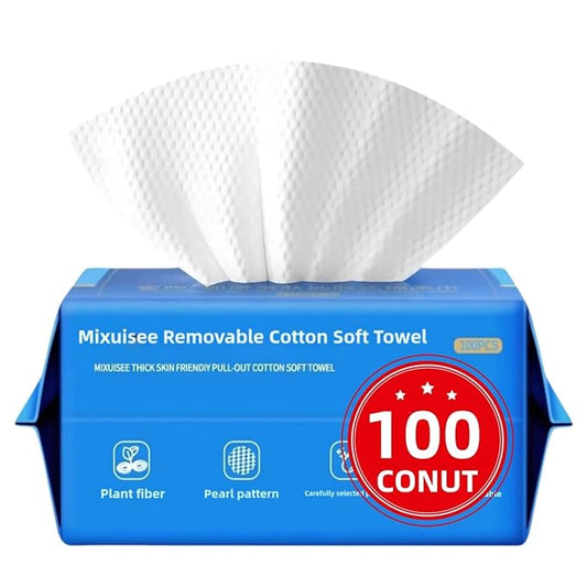 Disposable face towels, MIXUISEE thick and soft face towels. 100% pure cotton, super thick 130%. Suitable for makeup removal and cleansing, and applicable to sensitive skin. (100 pieces)