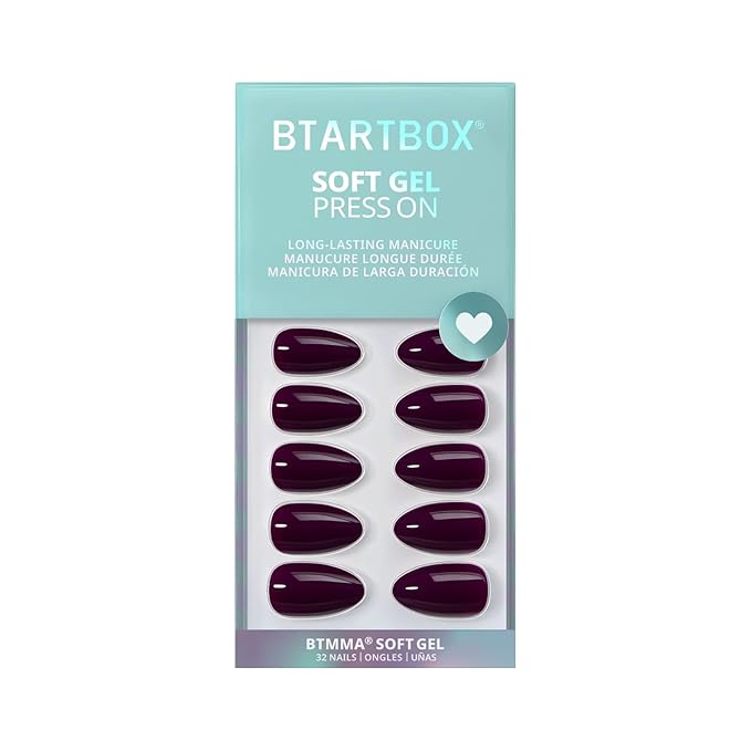 BTArtbox Press On Nails Short - Poison Potion, Dark Purple Almond Press On Nails with Glue for Women, Winter Opaque Soft Gel Glue On Nails in 16 Sizes - 32 Stick On Nails Kit