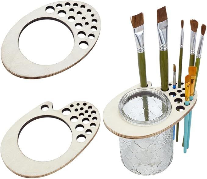 PLIGREAT 2 Pcs Paint Brush Holder, 19 Slots Wooden Display Drying Stand 3.5" Glass Jar Watercolor Brush Organizer Art Supply Stand Rack for Arts Drawing Painters